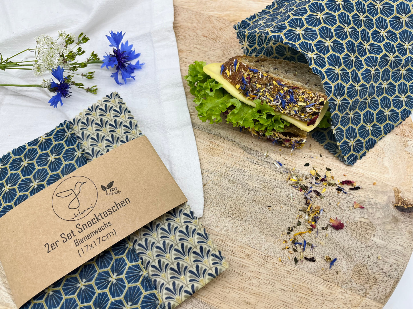 Bienenwachsbeutel Snack, 2er Set, Blau, Brotbeutel