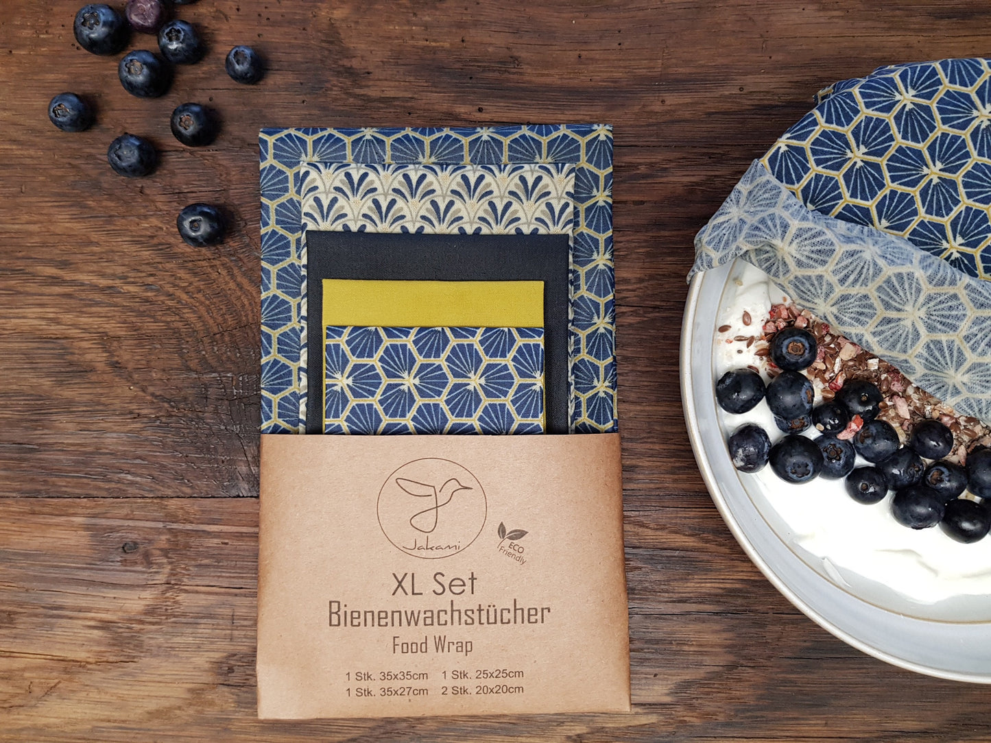 Bienenwachstuch, 5er XL-Set Blau, Food Wrap