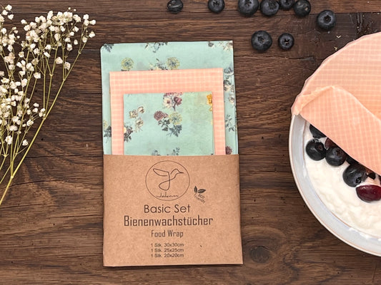 Bienenwachstuch, 3er Basic-Set, hellblau Blumen, Food Wrap