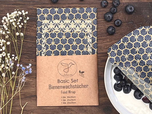 Bienenwachstuch, 3er Basic-Set, Blau, Food Wrap