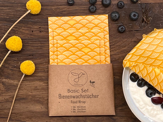 Bienenwachstuch, 3er Basic-Set, Senfgelb, Food Wrap