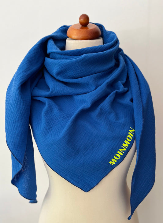 XXL Kinder | Damen Dreieckstuch Musselin | Bio Baumwolle (Royal Blau | Neon Gelb)
