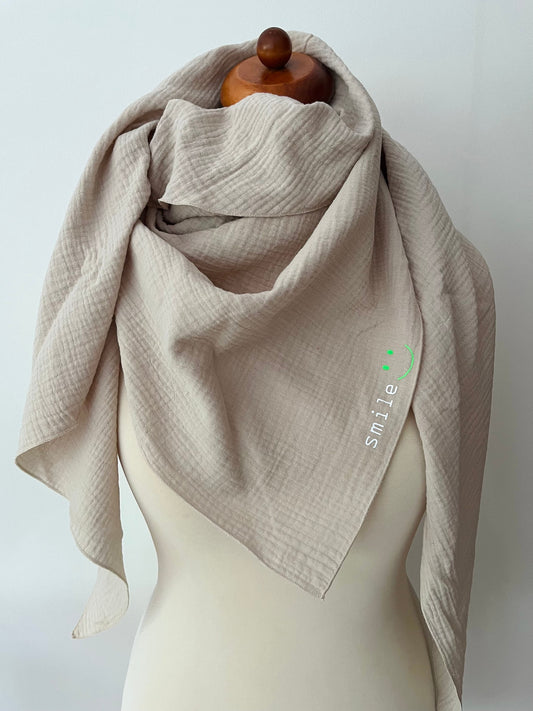 XXL Kinder | Damen Dreieckstuch Musselin | Bio Baumwolle (Beige | Neon Grün)