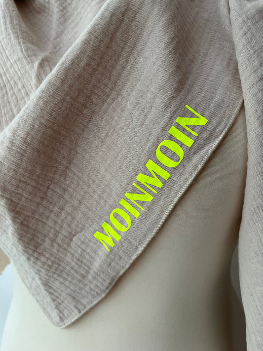 XXL Kinder | Damen Dreieckstuch Musselin | Bio Baumwolle (Beige | Neon Gelb)